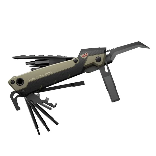 Real Avid Gun Tool Pro AR15 with Sheath olive and black folding multitool opened, side view