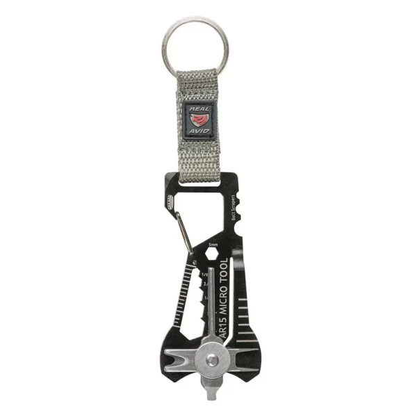 Real Avid Micro Tool for AR15, black multitool with silver ring and gray fabric loop, front view