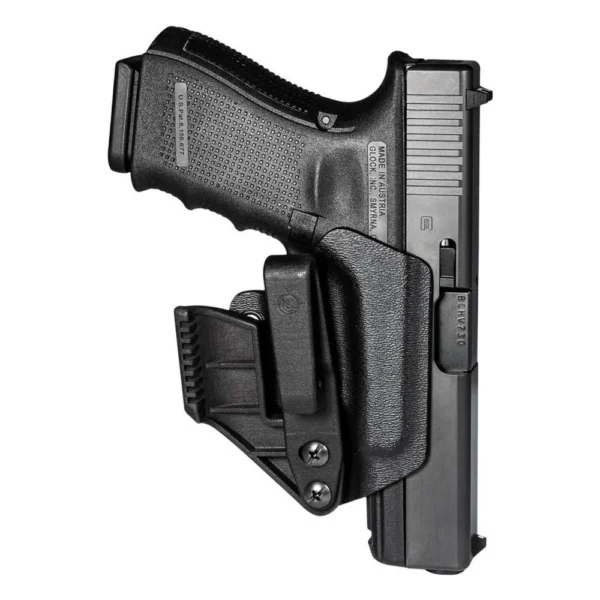 Mission First Tactical MFT MINIMALIST HLSTR FOR GLK 17/19, black holster holding a pistol