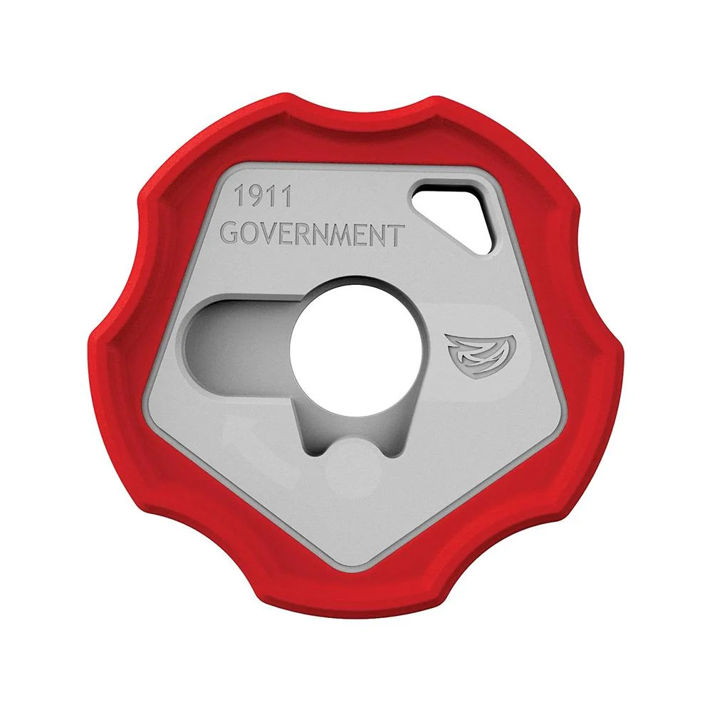 primary-55186 Real Avid Smart Wrench 1911 red and gray front view with central circular opening and contoured edge