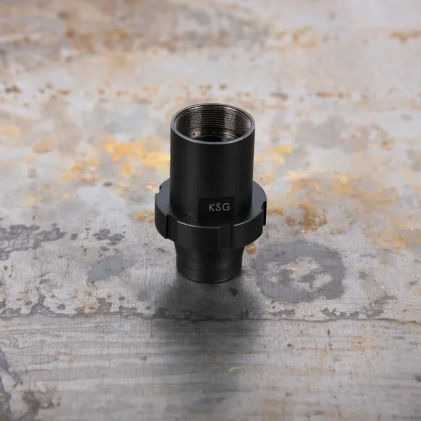 SilencerCo SCO ECHO CHOKE KSG STYLE BLK, black threaded choke upright on a mottled surface