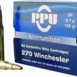 Prvi Partizan PPU 270WIN SP 150GR, blue ammunition box with two brass cartridges