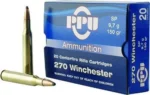 Prvi Partizan PPU 270WIN SP 150GR, blue ammunition box with two brass cartridges