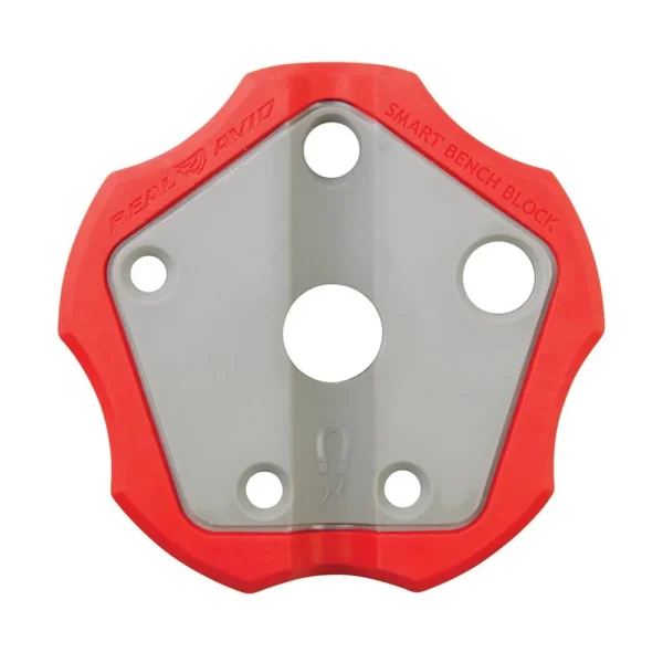REAL AVID SMART BENCH BLOCK, top view of gray block with red rim and multiple circular openings