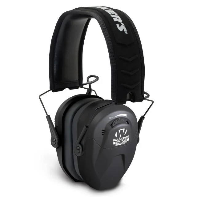 primary-55231 Walker's Game Razor Compact Electronic Ear Muffs, black angled view with padded headband