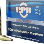 Prvi Partizan PPU 300WIN MAG SP 150GR 20/200 blue ammunition box with two brass cartridges