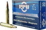 Prvi Partizan PPU 300WIN MAG SP 150GR 20/200 blue ammunition box with two brass cartridges