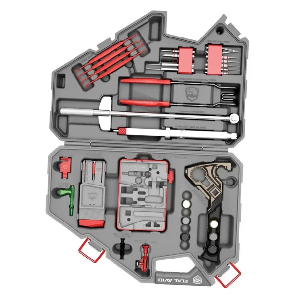 Real Avid AR15 Armorer's Master Kit, open gray case with red, black and silver tools