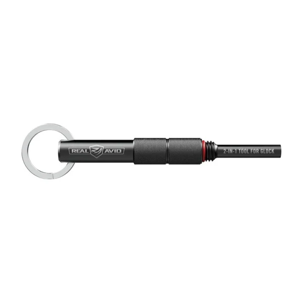 Real Avid 2-in-1 Tool For Glock, black side view with silver ring handle and narrow tip