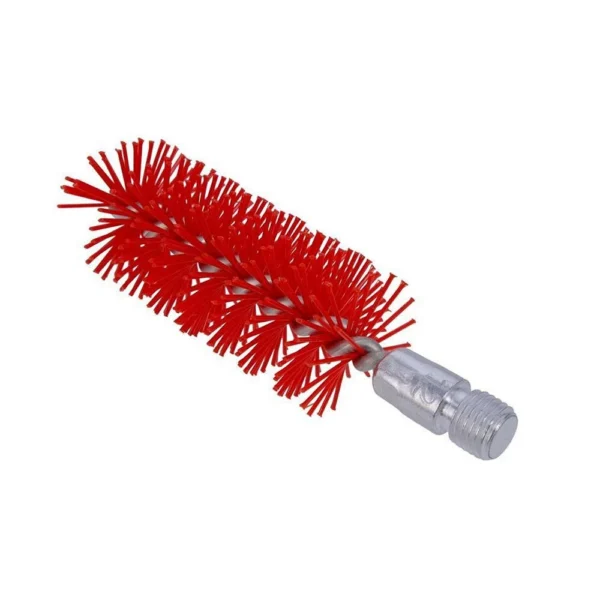 Birchwood Casey Nylon Bore Brush, red bristles and silver threaded shank, angled side view