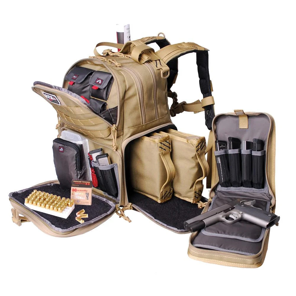 primary-55248 G-Outdoors GPS Tactical Range Backpack, tan front view with open compartments and accessories