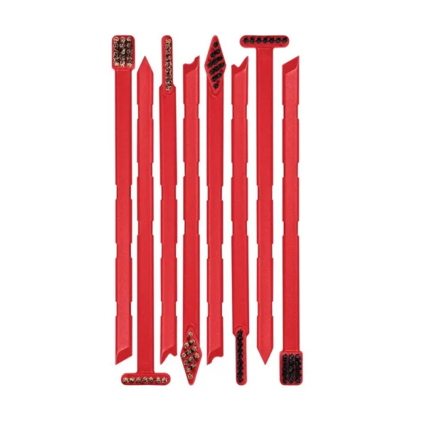 REAL AVID SMART BRUSHES, top view of assorted slim red cleaning brushes in a row