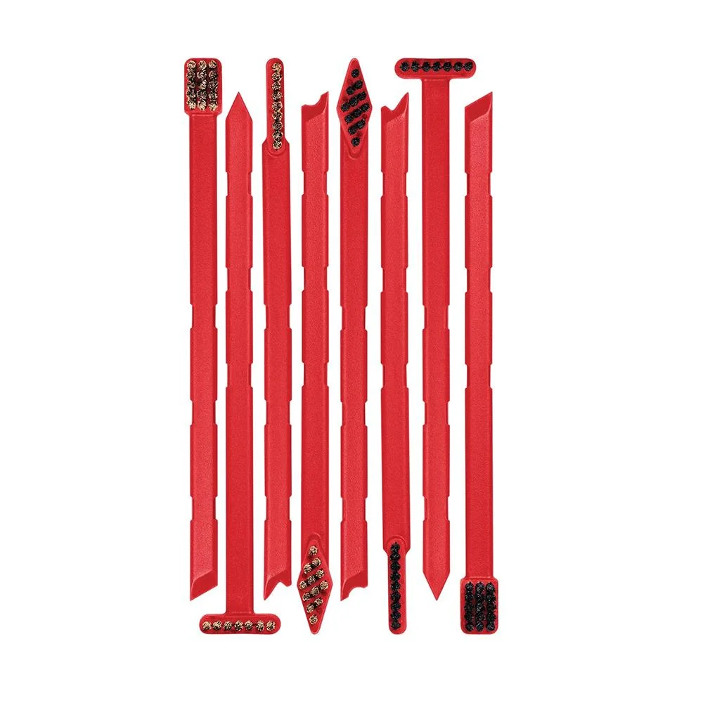 primary-55250 REAL AVID SMART BRUSHES, top view of assorted slim red cleaning brushes in a row
