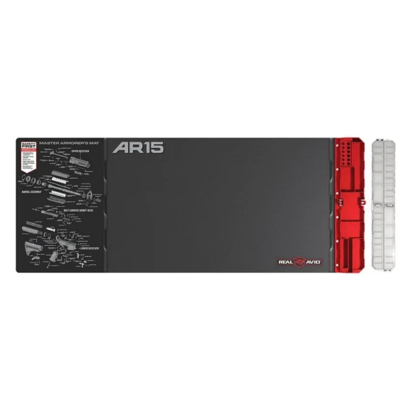 Real Avid Master Armorers Mat black AR15 mat with red tool tray and translucent parts case, top view
