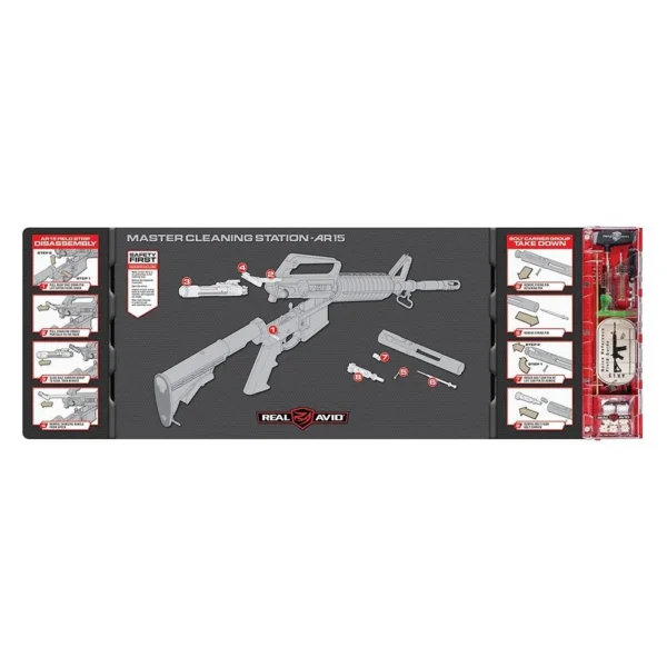 Real Avid Master Cleaning Station-A black mat with rifle graphic, red tray and packaged accessories, top view