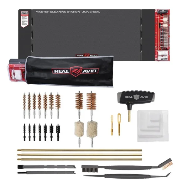REAL AVID MASTER CLEANING STATION -U black mat with brushes, rods, patches and tools, front view