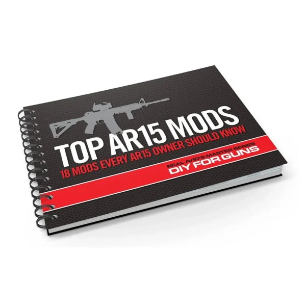REAL AVID TOP AR15 MODS black spiral-bound guide shown at an angle with rifle graphic