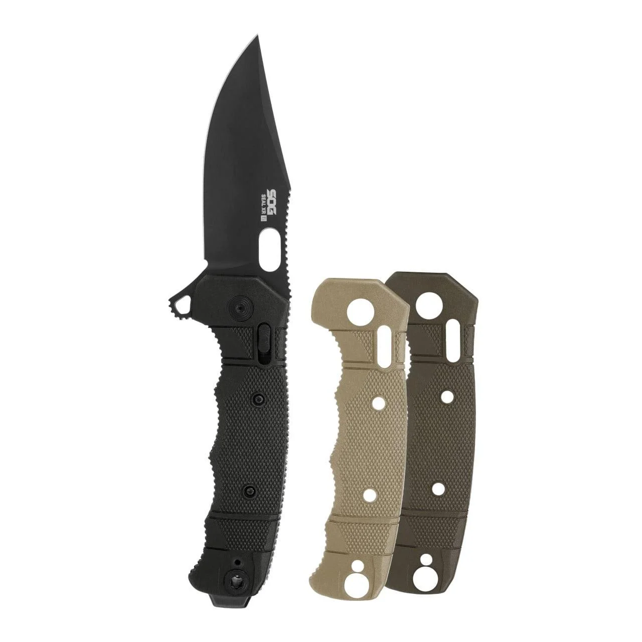 primary-55292 SOG Knives Seal XR Ti Folding Knife, black open clip-point blade with two tan handle panels