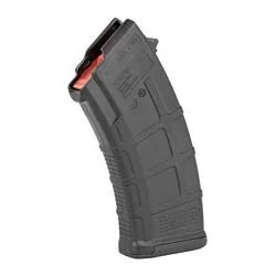 primary-55311 MAGPUL PMAG 20 AK, black curved magazine in angled side view with red follower visible