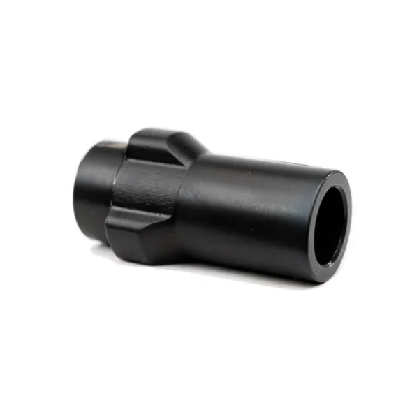 Angstadt Arms 3-Lug Muzzle Adaptor, black cylindrical adapter shown at an angle with open end