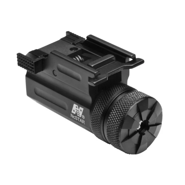 NcSTAR Inc. ULTRA COMPACT GREEN PISTOL LASER, black angled view with quick-release mount
