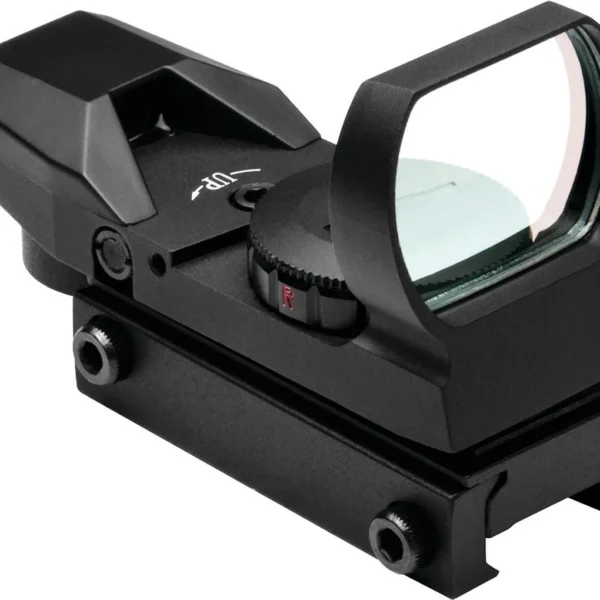 NcStar Red & Green Reflex Sight, black angled side view with lens, controls and QR mount