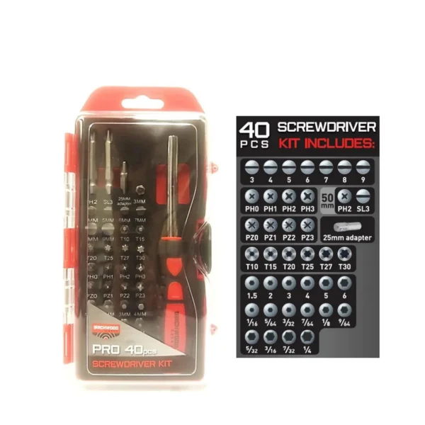 Birchwood Casey Pro Screwdriver Set, red and clear case beside bit selection chart