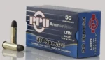 Prvi Partizan PPU 38SPL LRN ammunition box with three cartridges, front view