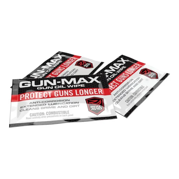 REAL AVID GUN-MAX OIL WIPES 25PK, three overlapping white, black and red wipe packets