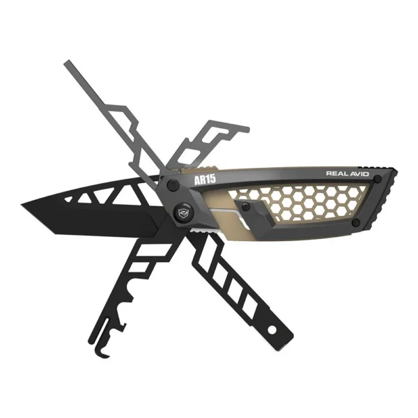 REAL AVID GUN TOOL EDGE AR15, open black and gray multitool with blade and folding implements