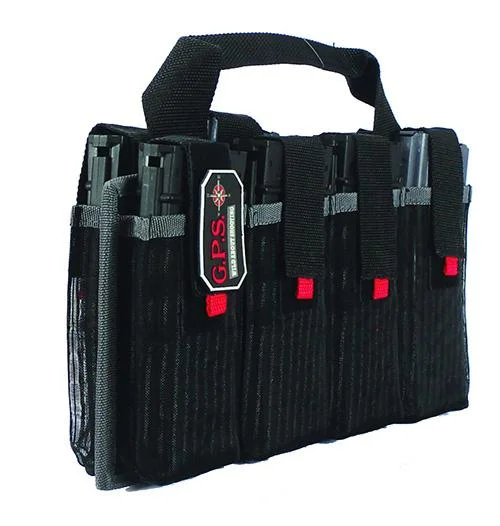 G-Outdoors AR Magazine Tote, black fabric carrier with handle, straps and red tabs