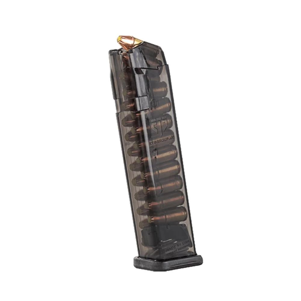 primary-55402 Elite Tactical Systems Carbon Smoke Glock 17 magazine, translucent smoke front view with visible rounds