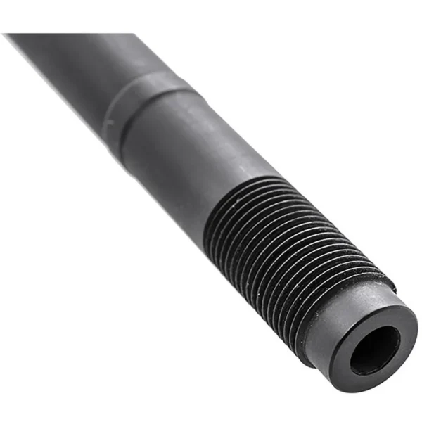 CMMG PS90 barrel, black, angled muzzle view with threaded exterior