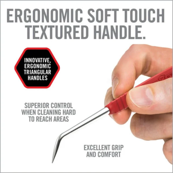 REAL AVID ACCU-GRIP STEEL PICKS red-handled angled pick held in a hand with feature text