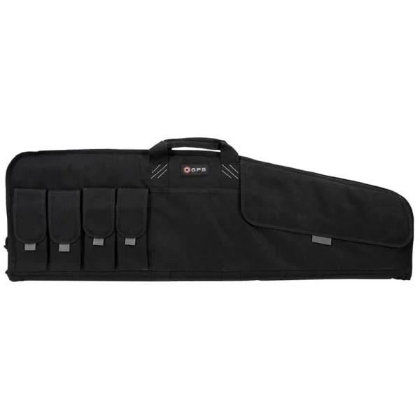 G-Outdoors Single Rifle Case, black side view with carry handle, flap and exterior loops