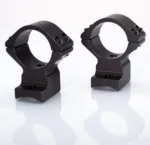 Talley Lightweight Alloy Scope Mount, black anodized angled view with two scope rings