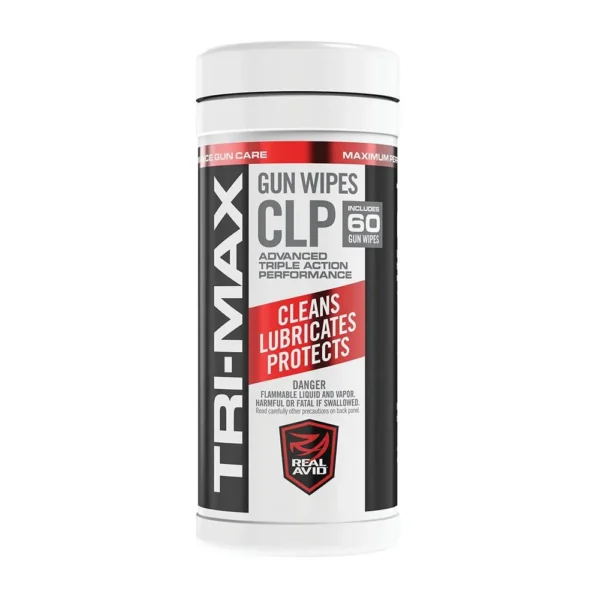 Real Avid Tri-Max CLP Gun Wipes 60ct white cylindrical container with black and red label, front view