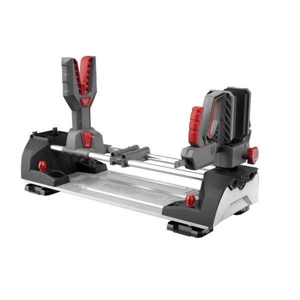 Real Avid Master Gun Workstation, gray and black vise with red padded supports, angled view