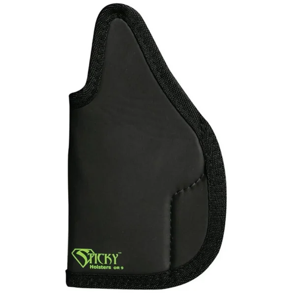 Sticky OR-9 black soft holster with stitched edging and green Sticky logo, front view