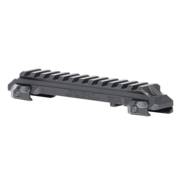Reptilia RMU Mount, black angled top view with slotted rail and mounting clamps