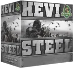 HEVI-Shot HEVI STEEL, angled front view of gray ammunition box with waterfowl graphics