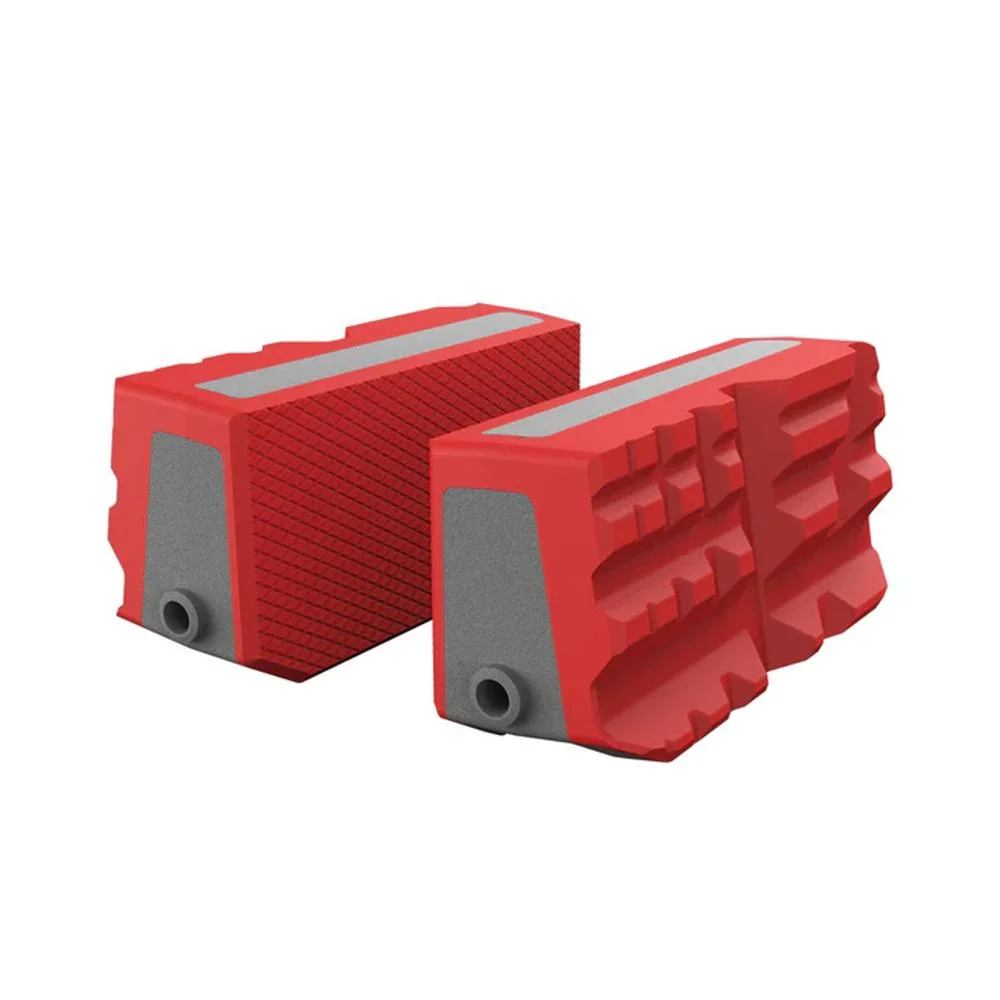 primary-55493 REAL AVID SMART-FIT VICE JAWS MULTI red vise jaw pair, angled view with gray inserts