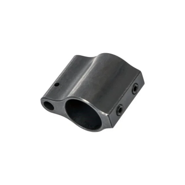 CMMG Gas Block Assembly Low Profile, black angled view with circular bore and side screws
