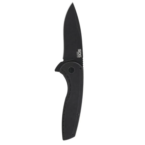 SOG Knives Aegis FLK 2.0 folding knife open, black drop-point blade and handle in side view