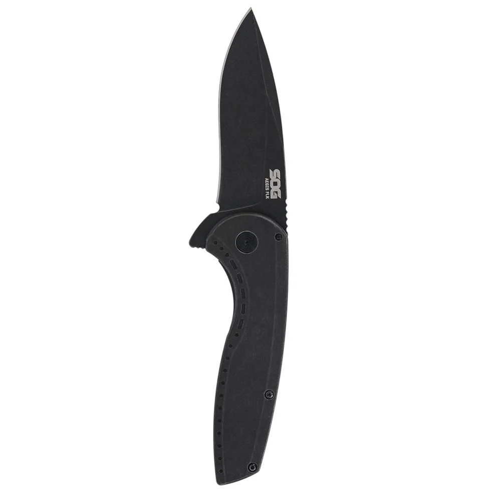 primary-55500 SOG Knives Aegis FLK 2.0 folding knife open, black drop-point blade and handle in side view
