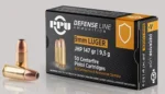 Prvi Partizan PPU 9MM JHP ammunition box with two brass cartridges displayed beside it