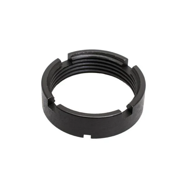 CMMG AR15 BUFFER TUBE CASTLE NUT black angled view with internal threads and four notches