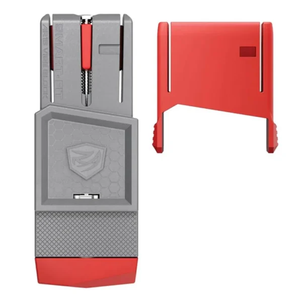 REAL AVID SMARTFIT VISE BLCK AR15/10 gray and red vise block with separate red adapter, front view