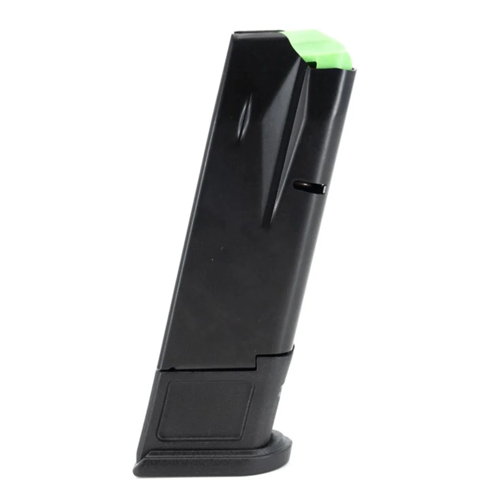 primary-55525 FN America MAG FN REFLEX XL black pistol magazine in front three-quarter view with green follower