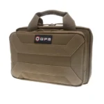 G-Outdoors Pistol Case, FDE front view with carry handles, logo patch and zippered edges